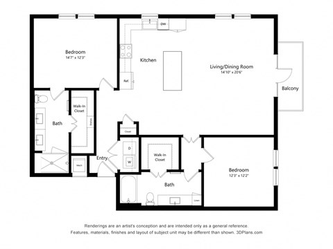 Floor plan for 2 beds, 2 baths, 1370 sqft